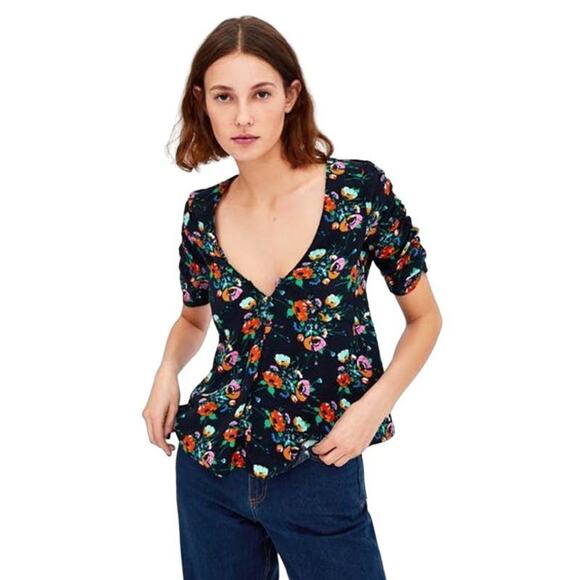 Zara Trafaluc Collection Women's Floral V-Neck Ruched Half Sleeve Blouse Size XS - Picture 1 of 6